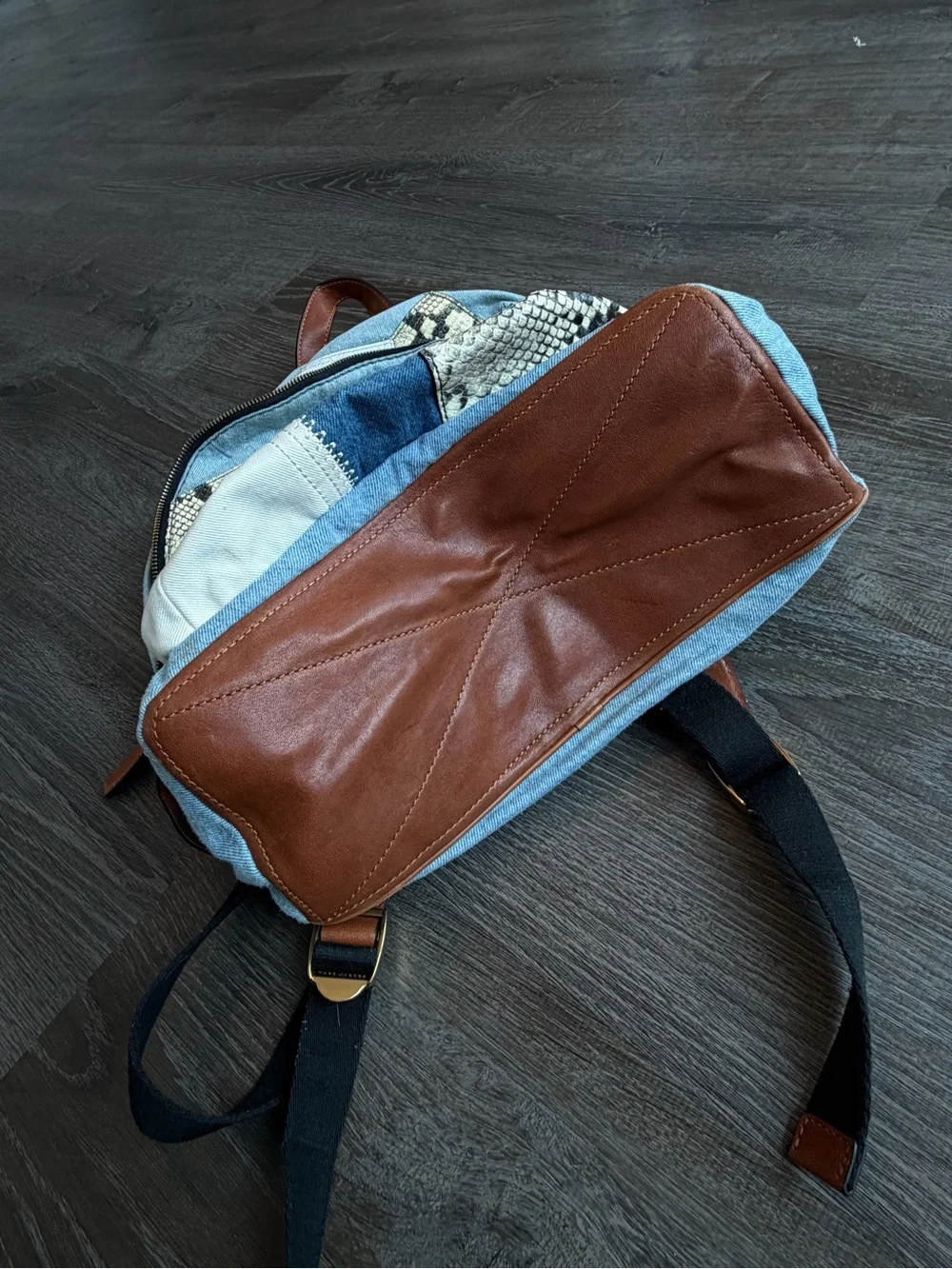 Marc Jacobs Patchwork Denim & Snake Print Backpack with Brown Leather Trim - Picture 7 of 10
